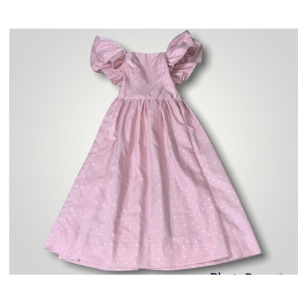 Cinderella Pink Chiffon Overlay Metallic Polka Dots Ruffle Off Shoulder Dress XS